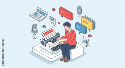 Isometric Illustration of Media, News, and Content Creation Tools