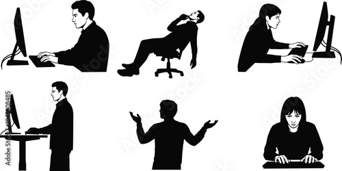 Office worker silhouettes set with people using computer typing working sitting standing and relaxing at workplace isolated on white background