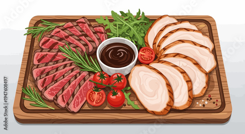 A cutting board with sliced steak and chicken served with herbs and sauce