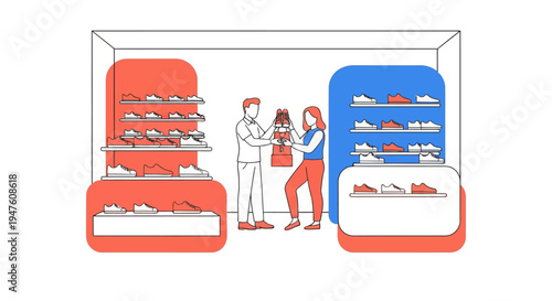 Minimalist illustration of a footwear retail store display