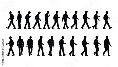 A group of people walking in different positions