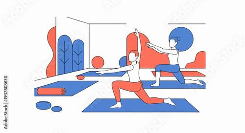 Minimalist Illustration of a Modern Yoga Studio with Mats and Fitness Equipment
