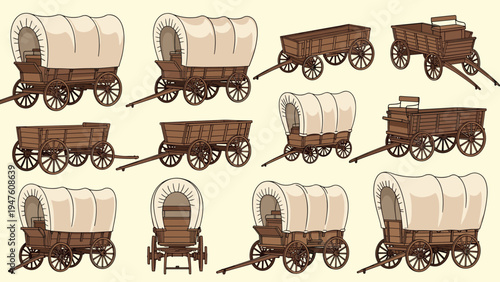 Collection of traditional wooden covered wagons used by early settlers shown from different angles in a sketch style.