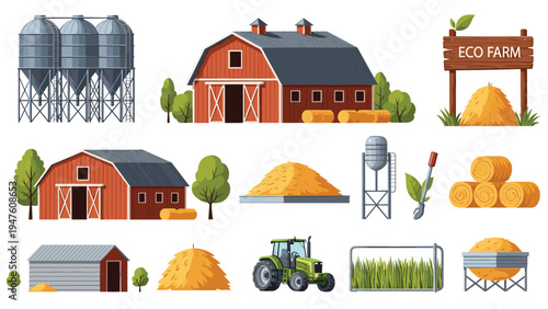 Set of farm icons and agricultural elements including barns silos haystacks a tractor and an eco farm sign on white.