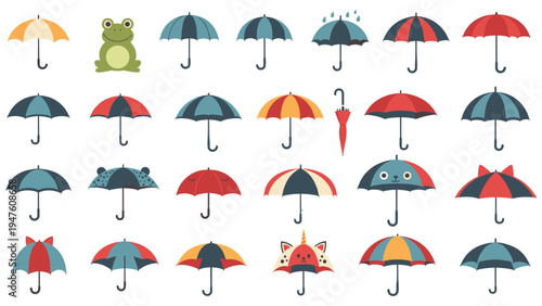 Large grid of various umbrella designs with colorful patterns and cute animal themes including a green frog and a cat.