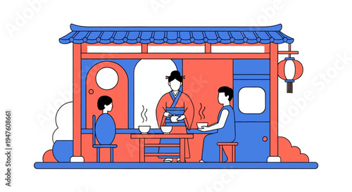 Minimalist Illustration of Person in Traditional Asian Tea House
