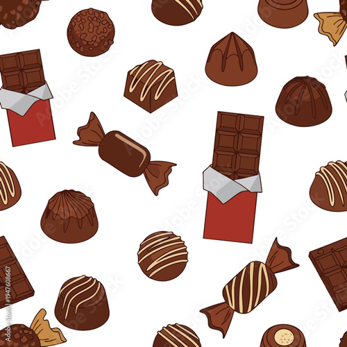 An assortment of delicious dark and milk chocolates and bars scattered