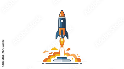 Blue rocket soars with fiery trail behind. Simple design evokes speed and ambition. Ideal for startup, growth, or innovation themes. Bright colors capture attention instantly