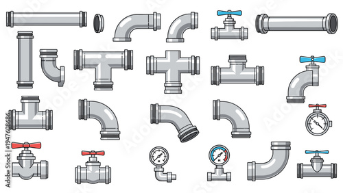 Set of industrial metal pipes and plumbing components including various joints valves and pressure gauges on a white base.