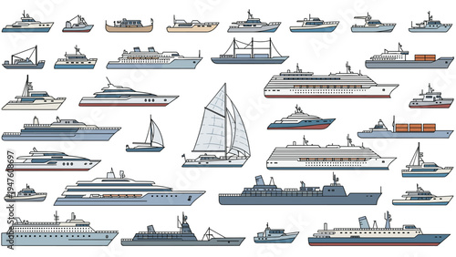 Large collection of diverse ship and boat illustrations including luxury yachts cargo vessels cruise liners and sailboats.