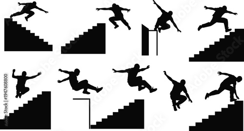 Parkour athlete silhouettes collection with runners jumping over obstacles stairs and walls urban free running action isolated on white background