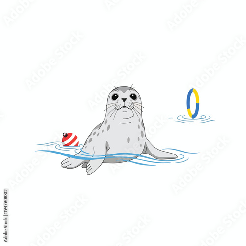 Cute seal in water with a striped ball and a hoop
