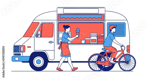 Modern Vector Illustration of a Food Truck Van with Vendor