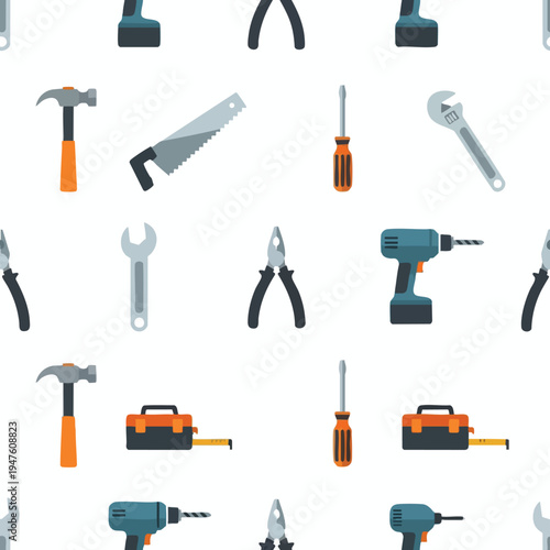Repeating pattern of various tools including hammers, saws, screwdrivers, wrenches, drills, and toolboxes
