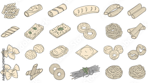 Large assortment of different Italian pasta shapes and varieties including penne, fusilli, farfalle, and ravioli in hand-drawn style.