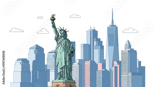 Statue of Liberty standing prominently in front of the modern New York City skyline with skyscrapers and a clear sky background.