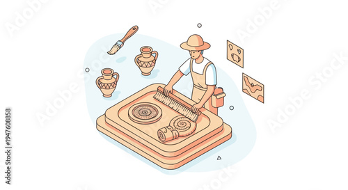 Pottery crafting workshop tools and handmade ceramic vases