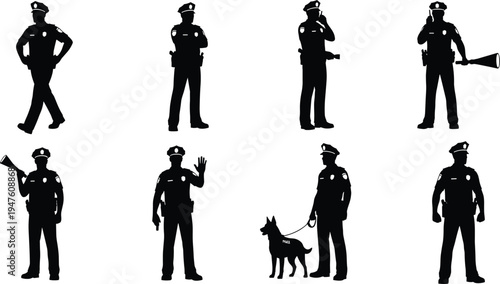 Police officer silhouettes collection with law enforcement standing walking communicating and patrol dog isolated on white background security concept