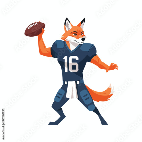 Anthropomorphic fox in football uniform throwing a ball