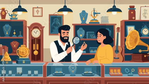 Bearded man examining a ring with a magnifying glass while talking to a female customer in an antique shop filled with treasures.