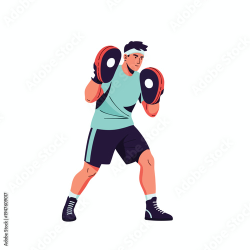 Boxer hitting pads athlete trains for fight, focused, dynamic pose, white background