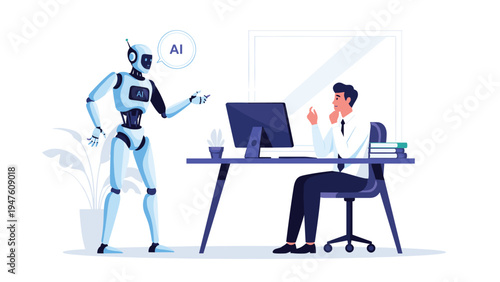 Humanoid AI robot interacting with a professional male office worker sitting at a desk with a computer in a modern workspace.