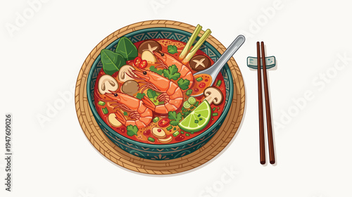 Spicy Shrimp Soup Bowl Asian Seafood Illustration