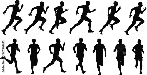 Running athlete silhouettes set with men sprinting jogging and marathon training poses isolated on white background sport fitness concept