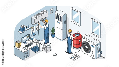 HVAC technicians in blue overalls and yellow hard hats performing maintenance on an indoor air conditioning unit and an outdoor compressor.