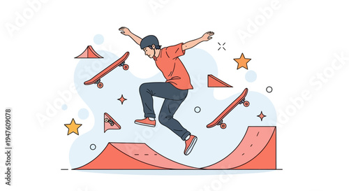 Skateboarder jumping on a skate park ramp