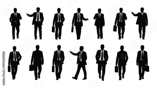 A set of black silhouettes of businessmen in various poses