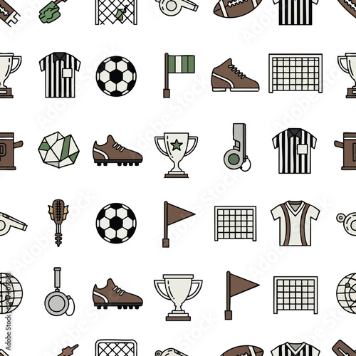 Sports equipment icons trophies, balls, shoes, flags, nets, whistles, jerseys, and more