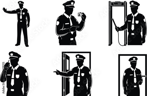 Security officer silhouettes set with guard checking ID using radio scanning metal detector isolated on white background protection concept