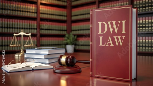 DWI Law Book With Judge Gavel and Legal Library Background, Driving While Intoxicated Legal Concept, Court Justice, Criminal Law Reference for Lawyers and Legal Professionals