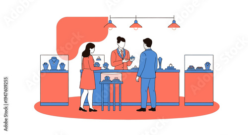 Woman Shopping for Jewelry in Store Illustration