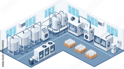 Isometric view of a modern dairy production facility with automated machinery for milk processing and bottling in a clean environment.