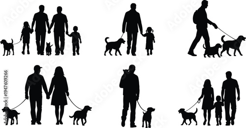 Silhouette family and individuals walking dogs with leashes, pet owner lifestyle icons showing companionship, outdoor activity, and diversity