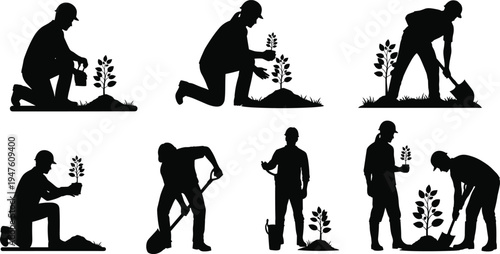 Silhouette icons of people planting and tending small plants, gardening illustrations showing eco care, agriculture, and sustainability themes