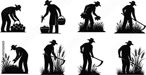 Silhouette farmers harvesting fruits, vegetables, and grain crops, traditional agriculture icons showing manual labor, rural lifestyle, and farming