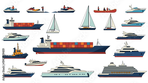 Wide range of maritime vessels including container ships, sailboats, yachts, tugboats, and jet skis for transport and leisure on water.