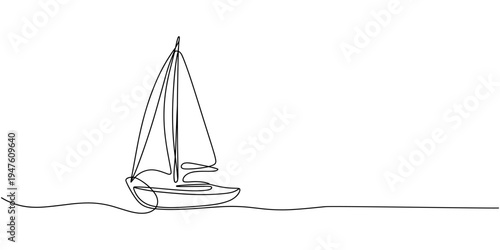 Continuous singe one line drawing art of luxury yacht speed boat sailing cruise vector illustration, Speed boat in continuous one line drawing. Single line art illustration of sailing boat. motorboat.