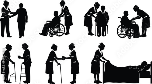 Silhouette nurse caregiving icons assisting elderly patients with wheelchair, walker, cane, and bed care in healthcare support scenes