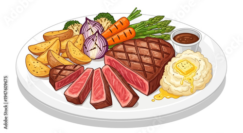 A mouthwatering plate of steak, seafood, potatoes, and vegetables, served with a side of sauce on a white plate indoors.