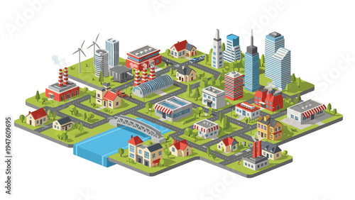 Vibrant isometric map of a modern town featuring residential houses, tall skyscrapers, factories, wind turbines, a river, and a bridge.