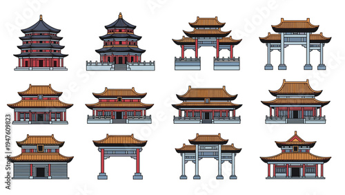 Assortment of traditional Asian architecture including pagodas, temples, and ornate gates reflecting eastern cultural heritage.