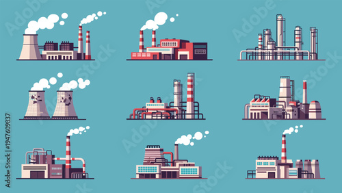 Set of flat vector icons illustrating various types of industrial factories, power plants, and chemical processing facilities.