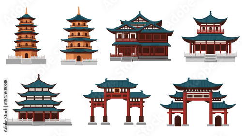 Traditional oriental architecture set featuring various pagodas and temple gates with classic curved roofs and red wooden structures.