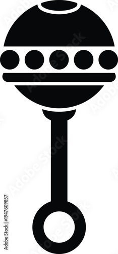Black silhouette of a baby rattle with a round handle and a spherical head with five dots infant object