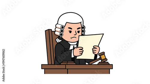 Cartoon Judge in Wig and Robe Reading Legal Document with Gavel