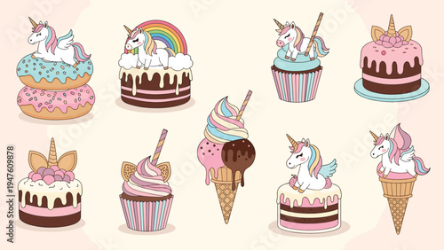 Whimsical collection of unicorn themed desserts including decorated cakes, cupcakes, donuts, and ice cream cones with pastel colors.